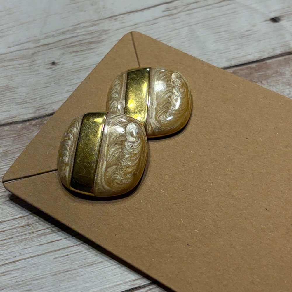 Vintage Gold and Cream Enamel Post Back Earrings